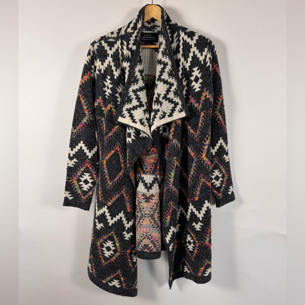 Montanaco Open Front‎ Knitted Cardigan Women Size Med Long Line Aztec Southwest
